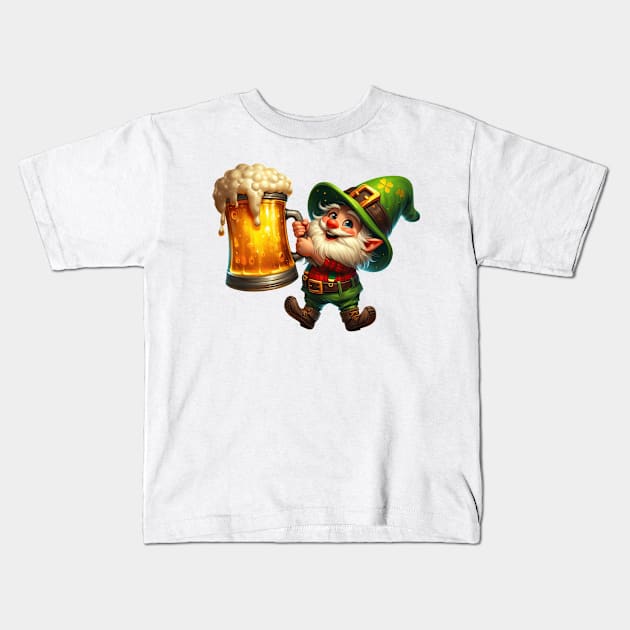 St Patricks Day Gnome Drinking Beer Kids T-Shirt by Chromatic Fusion Studio